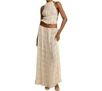 Acrawnni Womens 2 Piece Maxi Skirt Set Lace Up Halter Neck Backless Tank Top Tiered Ruffle Flowy Long Skirt Set Y2K Beach Outfits (Apricot, S)