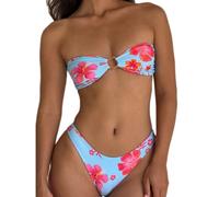 Acrawnni Womens Bikini Set Triangle Swimsuit Flower Print Strapless Tube Tops with Thong 2 Pcs Set Sexy Bathing Suits (A-Light Blue, L)