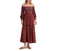 Acrawnni Women's Brown Flower Embroidered Maxi Dress, Long Puff Sleeve, Square Neck, Smocked Tiered, Bohemian, S/M/L