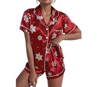 Acrawnni Womens Christmas Pyjamas Set Silk Satin Short Sleeve Shirt Shorts Two-Piece Pj Sets Xmas 2 Piece Holiday Pj Loungewear Sleepwear (A-Red, S)