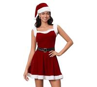 Acrawnni Women's Christmas Santa Dress Deluxe Mrs. Claus Costume Belted Velvet Dress Santa Hat Set Cosplay Outfits (A-Red, XL)