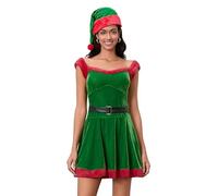 Acrawnni Women's Christmas Santa Dress Deluxe Mrs. Claus Costume Belted Velvet Dress Santa Hat Set Cosplay Outfits (A-Green, XL)