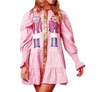 Acrawnni Womens Christmas Sequin Nutcracker Dress Long Sleeve Tiered Glitter Nutcracker Print Holiday Mini Shirt Dresses (A-Pink, L)