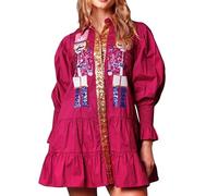 Acrawnni Womens Christmas Sequin Nutcracker Dress Long Sleeve Tiered Glitter Nutcracker Print Holiday Mini Shirt Dresses (A-Fuchsia, L)
