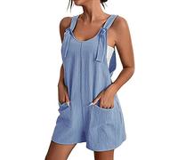 Acrawnni Womens Cotton Linen Overalls Shorts Casual Loose Fit Sleeveless Adjustable Straps Bib Summer Romper Jumpsuit With Pockets (A-Light Blue, L)
