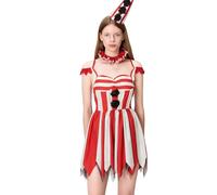 Acrawnni Womens Creepy Clown Costume Off Shoulder Shorts Jumpsuit + Sleeves + Collar + Hat + Stockings 5 Pcs Halloween Set Circus Clowns Bodysuit Costumes (B-Red, M)