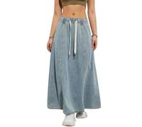 Acrawnni Women's Denim Long Skirts Elastic Drawstring High Waist A Line Flare Jean Skirt ummer Casual Paperbag Beach Skirt Streetwear (A-Light Blue, L)