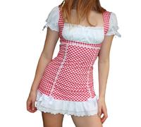 Acrawnni Womens Dorothy Cosplay Costume Gingham 2 Piece Outfits Halloween Kansas Girl Character Blue Outfits Short Sleeve Milkmaid Tops and Plaid Mini Skirt (A-Red, M)