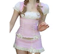 Acrawnni Womens Dorothy Cosplay Costume Gingham 2 Piece Outfits Halloween Kansas Girl Character Blue Outfits Short Sleeve Milkmaid Tops and Plaid Mini Skirt (A-Pink, M)