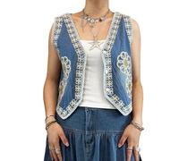 Acrawnni Women's Embroidered Denim Vest Y2K Sleeveless V Neck Button Down Open Front Sequin Floral Boho Tank Tops Jean Cropped Waistcoat Jackets (D-Blue, ONE SIZE)