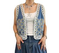 Acrawnni Women's Embroidered Denim Vest Y2K Sleeveless V Neck Button Down Open Front Sequin Floral Boho Tank Tops Jean Cropped Waistcoat Jackets (B-Gold, ONE SIZE)