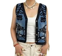 Acrawnni Women's Embroidered Denim Vest Y2K Sleeveless V Neck Button Down Open Front Sequin Floral Boho Tank Tops Jean Cropped Waistcoat Jackets (B-Black, ONE SIZE)