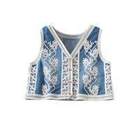 Acrawnni Women's Embroidered Denim Vest Y2K Sleeveless V Neck Button Down Open Front Sequin Floral Boho Tank Tops Jean Cropped Waistcoat Jackets (B-Blue, ONE SIZE)