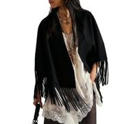 Acrawnni Women's Faux Suede Tassel Shawl Wraps Y2K Open Front Fringe Cape Shrug Scarf Cowgirl Poncho Blanket Cardigan Western Outfit (A-Black, ONE SIZE)