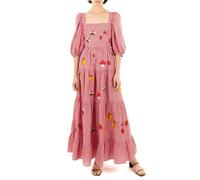Acrawnni Women's Flower Embroidered Maxi Dress Long Puff Sleeve Square Neck Smocked Tiered Bohemian Flowy Dress Beach Long Dress (E-Red, s)