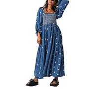Acrawnni Women's Flower Embroidered Maxi Dress Long Puff Sleeve Square Neck Smocked Tiered Bohemian Flowy Dress Beach Long Dress (A-Dark Blue, L)