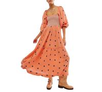 Acrawnni Women's Flower Embroidered Maxi Dress Long Puff Sleeve Square Neck Smocked Tiered Bohemian Flowy Dress Beach Long Dress (B-Orange Red, L)