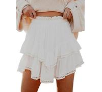 Acrawnni Womens Flowy Shorts High Waist Pleated Mini Skirts Y2K Boho Ruffle Tiered Skorts Golf Tennis Skater Skirts Crochet Beach Shorts (A-White, M)