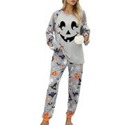 Acrawnni Women's Halloween Pajamas Set Ghost Pumpkin Print Long Sleeve Round Neck Tops with Elastic Waist Long Pants Loungewear (A-Light Grey, M)