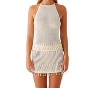 Acrawnni Women's Knit Skirt Set for Summer Stylish Solid Hollow Out Tie Back Backless Halter Tops with Mini Skirt 2 Pcs Set (A-White, L)