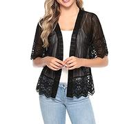 Acrawnni Women's Lace Crochet Sheer Cardigan Short Sleeve Ruffle Open Front Tops Lightweight Patchwork See Through Cover Up Beach Outfits (A-Black, XL)