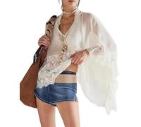 Acrawnni Womens Lace Poncho Top Y2k Oversized V Neck Batwing Sleeve Sheer T-Shirts Cover Up Blouse Fairy Lace See Through Mesh Ruffle Flowy Top