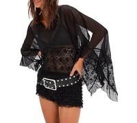 Acrawnni Womens Lace Poncho Top Y2k Oversized V Neck Batwing Sleeve Sheer T-Shirts Cover Up Blouse Fairy Lace See Through Mesh Ruffle Flowy Top