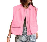 Acrawnni Women's Oversized Cargo Vest Casual Sleeveless Loose Fit Full Zip Up Ruched Hem Blazer Jackets Vest Tops with Pockets (A-Pink, x_l)