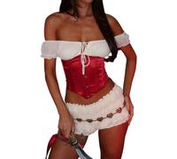 Acrawnni Womens Pirate Cosplay Costume Off Shoulder Corset Shorts Halloween Outfit (A-Red, M)