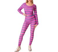 Acrawnni Women's Sexy Cheshire Cat Costume Pink Purple Striped Long Sleeve Cosplay Outfit Halloween Costume Cosplay Outfit (A-Fuchsia, S)