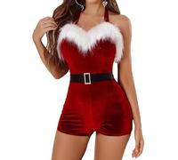 Acrawnni Womens Sexy Santa Costume Velvet Romper Sleeveless Christmas Party Cosplay Jumpsuits Mrs. Claus Playsuits with Belt (A-Red, M)