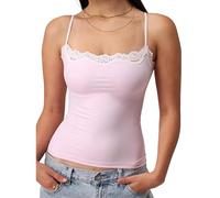 Acrawnni Women's Sexy Square Neck Lace Cami Tank Tops Y2k Sleeveless Spaghetti Strap Lace Trim Slim Fit Camisole Aesthetic Cami Tops Basic Shirt (A-Pink, L)