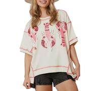 Acrawnni Women's Sparkly Sequin Tops Glitter Lobster Crawfish Print Short Sleeve Round Neck T-Shirts Blouses Club Party Tops (A-White, XL)