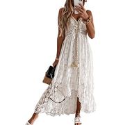 Acrawnni Women's Summer Dresses Spaghetti Strap Deep V Neck Lace Hem Maxi Dresses Sleeveless Backless Bohemian Beach Ruffle Swing Dresses (A-White, L)