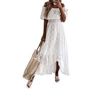 Acrawnni Women's Summer Dresses Spaghetti Strap Deep V Neck Lace Hem Maxi Dresses Sleeveless Backless Bohemian Beach Ruffle Swing Dresses (C-White, L)