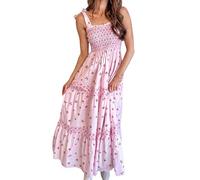 Acrawnni Women's Summer Maxi Dress Sleeveless Tie-Up Shoulder Straps Boho Floral Print Smocked Flowy Dresses Y2K Floral Beach Sundresses (G-Pink, XL)