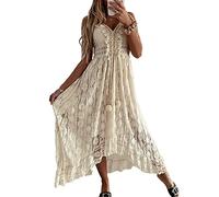 Acrawnni Women's Summer Spaghetti Strap Deep V Neck Lace Hem Maxi Dress - Sleeveless Backless Bohemian Beach Ruffle Swing (A-Beige, XL)
