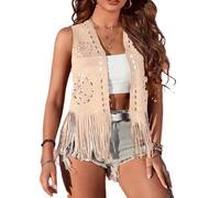 Acrawnni Women's Summer Tassel Vests 70s Hippie Faux Costume Cowgirl Hollow Out Flower Sleeveless Crochet Cardigans (A-Ivory, 2XL)