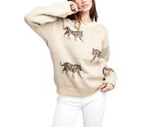 Acrawnni Women's Tiger Print Knit Sweater Long Sleeve Crew Neck Pullover Knitwear Oversized Y2k Jumper Top Streetwear (A-Beige, S)