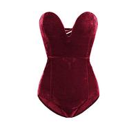 Acrawnni Women's Vintage Velvet Bodysuit Deep V Strapless Sexy Cross Back Lace Up Bodycon Jumpsuit Sexy Bodysuit Tube Top (A-Wine Red, S)