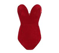 Acrawnni Women's Vintage Velvet Bodysuit Deep V Strapless Sexy Cross Back Lace Up Bodycon Jumpsuit Sexy Bodysuit Tube Top (A-Red, S)