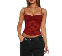 Acrawnni Women's Y2K Lace Cami Tops Sleeveless Spaghetti Strap Sexy Mesh See Through Crop Camisole Backless Bustier Going Out Tops (A-Red, S)