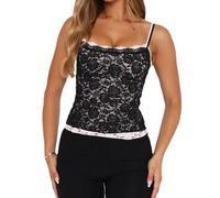 Acrawnni Women's Y2K Lace Cami Tops Sleeveless Spaghetti Strap Sexy Mesh See Through Crop Camisole Backless Bustier Going Out Tops (E-Black, L)