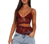 Acrawnni Women's Y2K Lace Cami Tops Sleeveless Spaghetti Strap Sexy Mesh See Through Crop Camisole Backless Bustier Going Out Tops (D-Red, M)