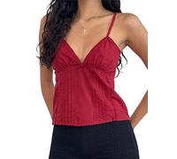 Acrawnni Women's Y2K Lace V Neck Camis Sleeveless Spaghetti Straps Backless Tank Cropped Tops Cute Fairy Lace Trim Camisole (F-Red, S)
