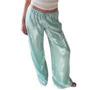 Acrawnni Women's Y2K Sequin Sparkle Pants Elastic Waist Drawstring Sparkly Glitter Wide Leg Disco Pants Party Club Dance Straight Leg Trousers (A-Green, S)
