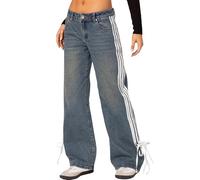 Acrawnni Women's Y2k Stripe Side Bow Tie Jeans Low Rise Baggy Straight Wide Leg Button Front Boyfriend Denim Pants Streetwear (A-Blue, XL)