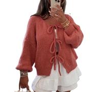 Acrawnni Women's Y2K Tie Front Bow Cardigan Sweaters Solid Color V-Neck Chunky Knit Long Puff Sleeve Loose Knitwear Cardigan (B-Orange, L)