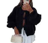 Acrawnni Women's Y2K Tie Front Bow Cardigan Sweaters Solid Color V-Neck Chunky Knit Long Puff Sleeve Loose Knitwear Cardigan (B-Black, S)