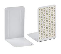 Acrimet Metal Bookends, Non-Skid Book Stand for Shelves, Heavy Duty Book Stopper, 17,5 cm H x 10 cm W x 11,5 cm D, White Bookends with Gold Design, 1 Pair